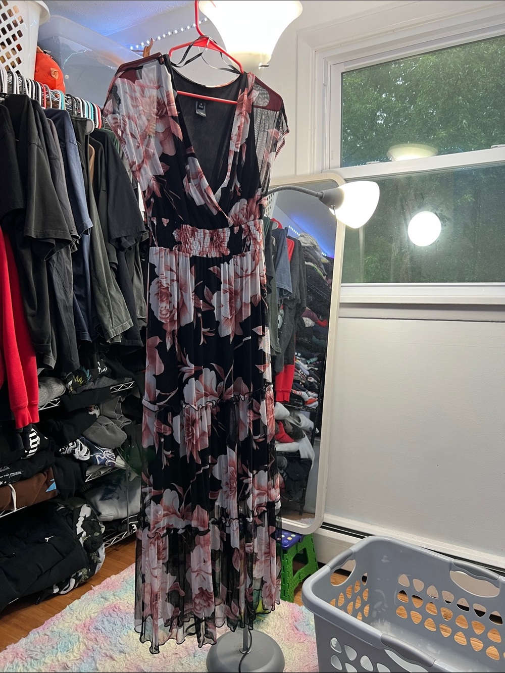 NWOT women’s Floral Mesh Maxi Dress - Black with Pink Floral